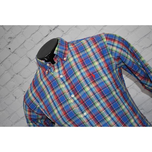 Polo Ralph Lauren Shirt Mens Size Medium Blue Red Plaids Dress Button Up Cotton - Picture 1 of 6